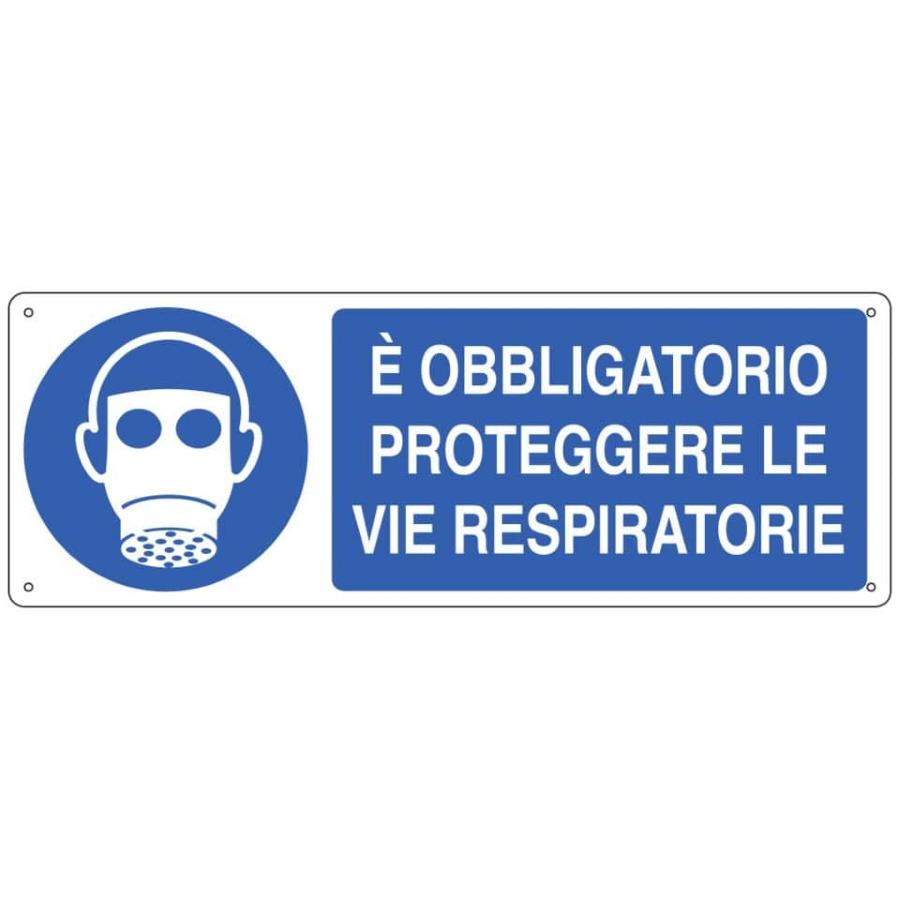 Cartello "E' obbligatorio proteggere le vie respiratorie" 35x12,5cm in alluminio