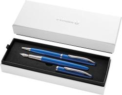 Set penna stilografica e sfera Pelikan Jazz Noble Elegance blu in cofanetto regalo fusto blu e argento
