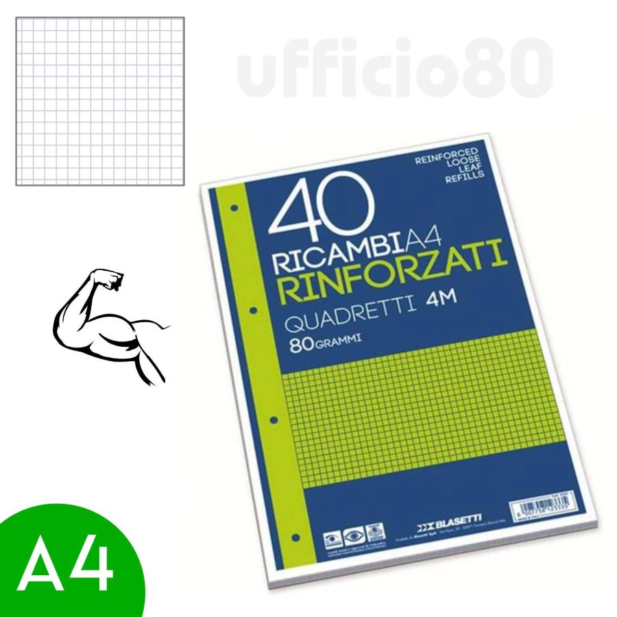Ricambio Rinforzato Fogli Quadretti 4mm Margine Rig.4F 100gr A4 - Conf.40