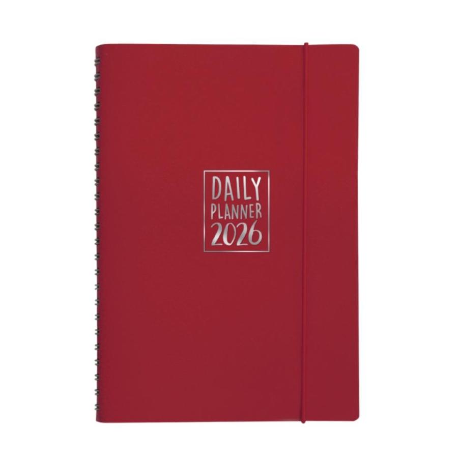 Agenda giornaliera Biembi 2026 rosso magenta spiralata con copertina in cuoio rigenerato 15x21cm