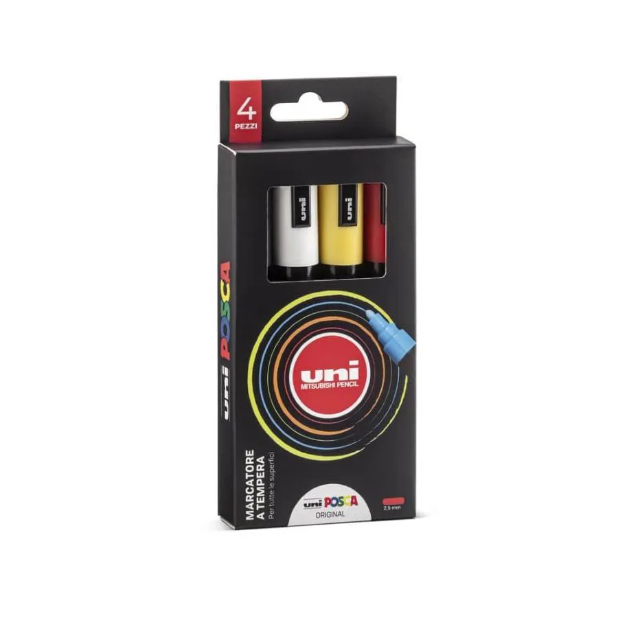 Marcatore a tempera con inchiostro pigmentato Uni Posca - punta tonda 2,5 mm assortiti - astuccio 4 pz
