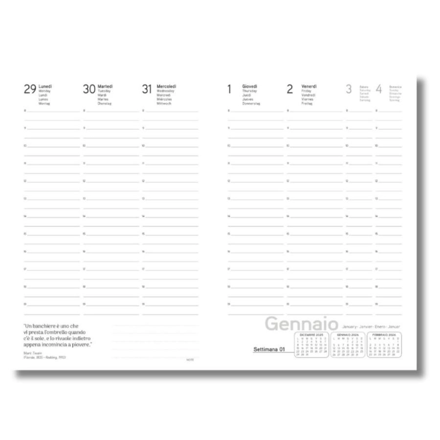 Agenda settimanale Biembi 2026 nero spiralata con copertina in cuoio rigenerato 9x14 cm